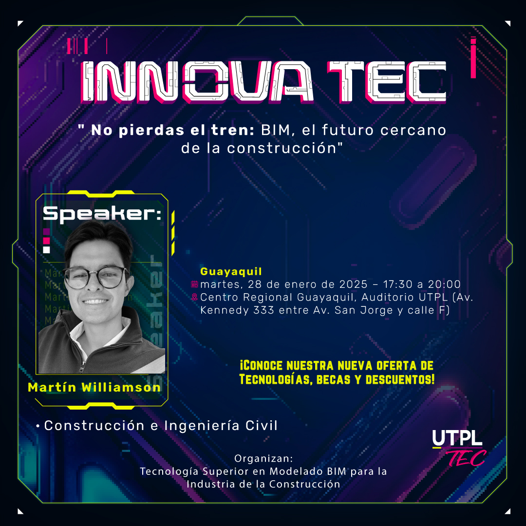 👩‍💻Charla gratuita: "No pierdas el tren: BIM, el futuro cercano de la construcción"
👷BIM -Building Information Modeling- está revolucionando el sector, y es la clave para ser competitivo en los próximos años
🗓️28 de enero
🕠17h30
📍UTPL Guayaquil Kennedy
💻bit.ly/EventosGratuit…