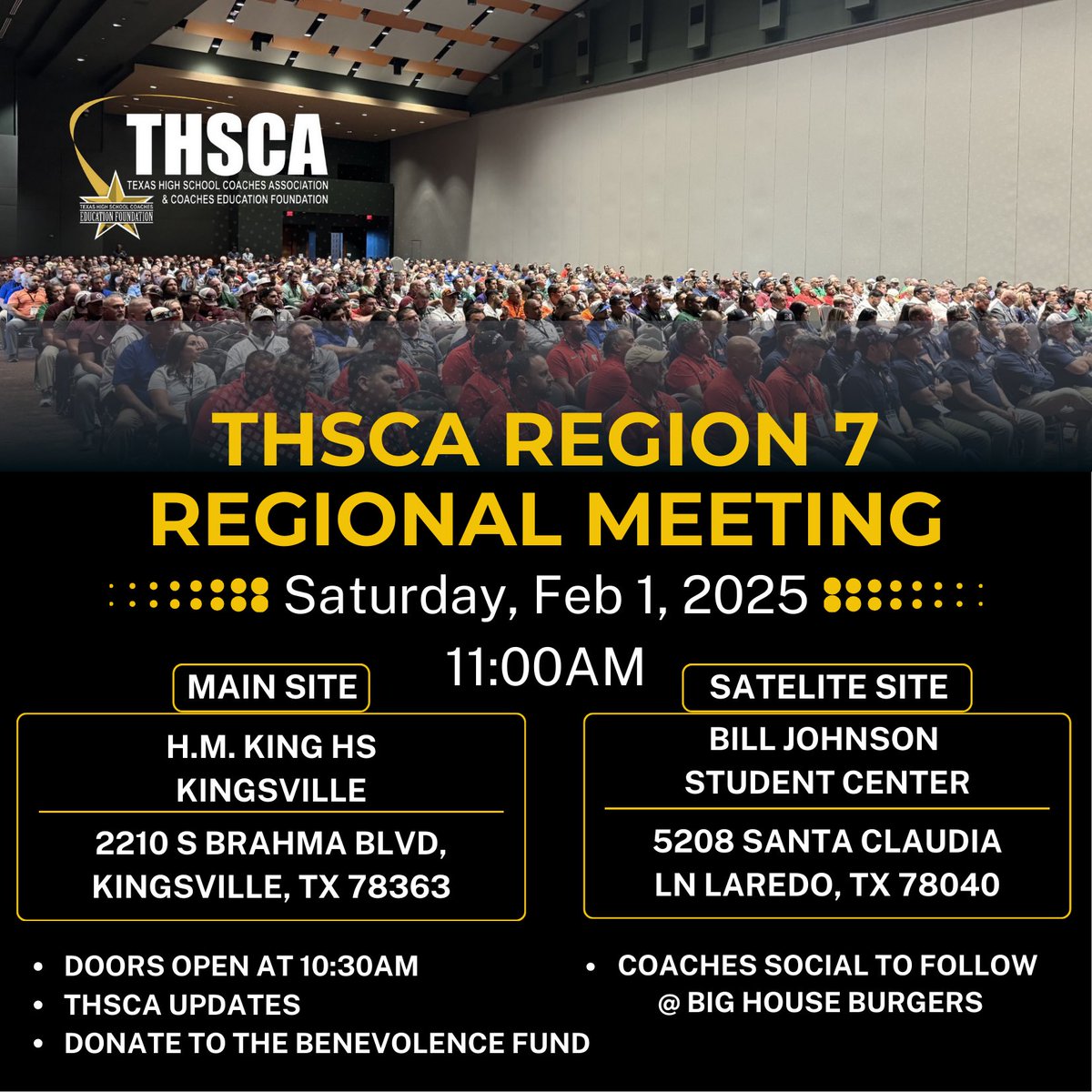 Coach Carp 🏈 (@coachcarpentier) on Twitter photo THSCA Regional Meeting
-Saturday, Feb 1st @ 11am
2 locations:
-HM King HS
-Bill Johnson Student
Activity Center
<a href="/THSCAcoaches/">THSCA</a> <a href="/cbcatx1/">Coastal Bend Coaches Association</a> <a href="/RGVCA22/">RGVCA</a> <a href="/mireles_leo/">Leo Mireles</a> THSCA Regional Meeting
-Saturday, Feb 1st @ 11am
2 locations:
-HM King HS
-Bill Johnson Student
Activity Center
<a href="/THSCAcoaches/">THSCA</a> <a href="/cbcatx1/">Coastal Bend Coaches Association</a> <a href="/RGVCA22/">RGVCA</a> <a href="/mireles_leo/">Leo Mireles</a>