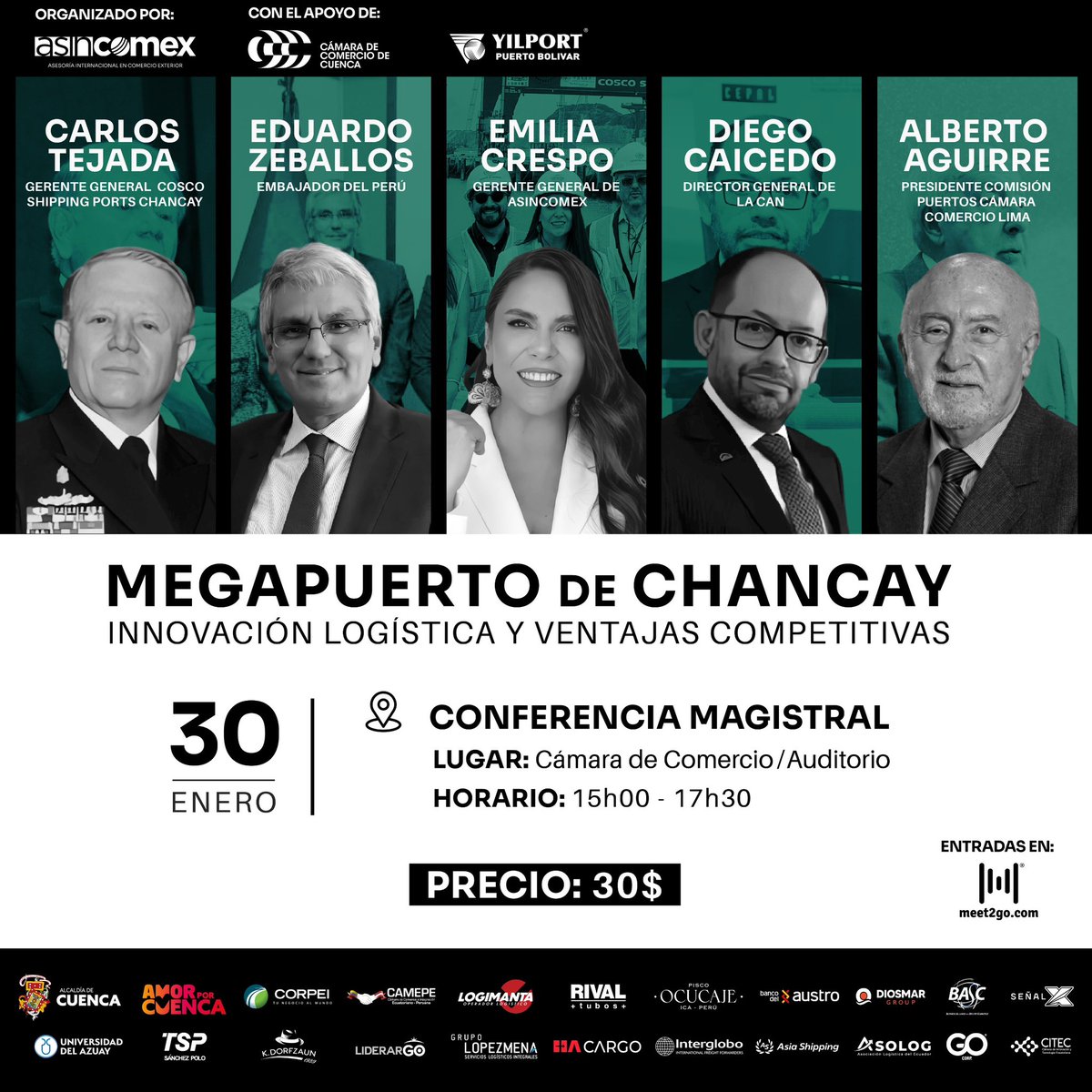 cccuenca's tweet image. Conoce las oportunidades del Megapuerto de Chancay🚢

Te esperamos este 30 de enero a las 15h00 en el Auditorio de la Cámara de Comercio de Cuenca, para el Encuentro Empresarial: Innovación, Logística y Competitividad.

🎟️ Adquiere tus pases aquí ➡️ meet2go.com/ev/innovacionl…