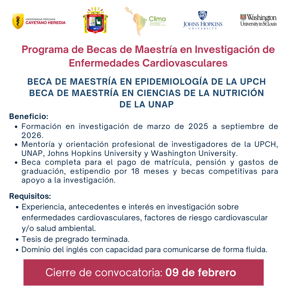 ClimaUpch's tweet image. 📢 ¡Últimos días para postular a estas becas!

El Centro Clima ofrece 1 beca del GeoHealth Hub enfocada en Salud Ambiental y 2 becas de maestría en Enfermedades Cardiovasculares.

📷 Más información y postulación: linktr.ee/climaupch