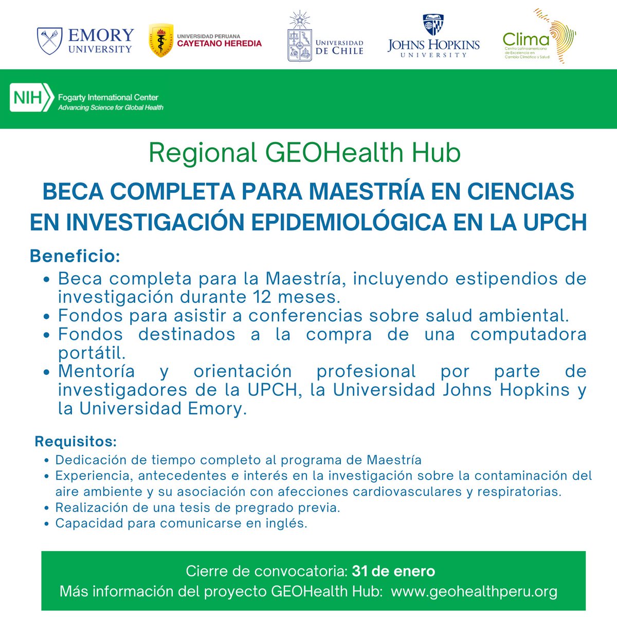 ClimaUpch's tweet image. 📢 ¡Últimos días para postular a estas becas!

El Centro Clima ofrece 1 beca del GeoHealth Hub enfocada en Salud Ambiental y 2 becas de maestría en Enfermedades Cardiovasculares.

📷 Más información y postulación: linktr.ee/climaupch