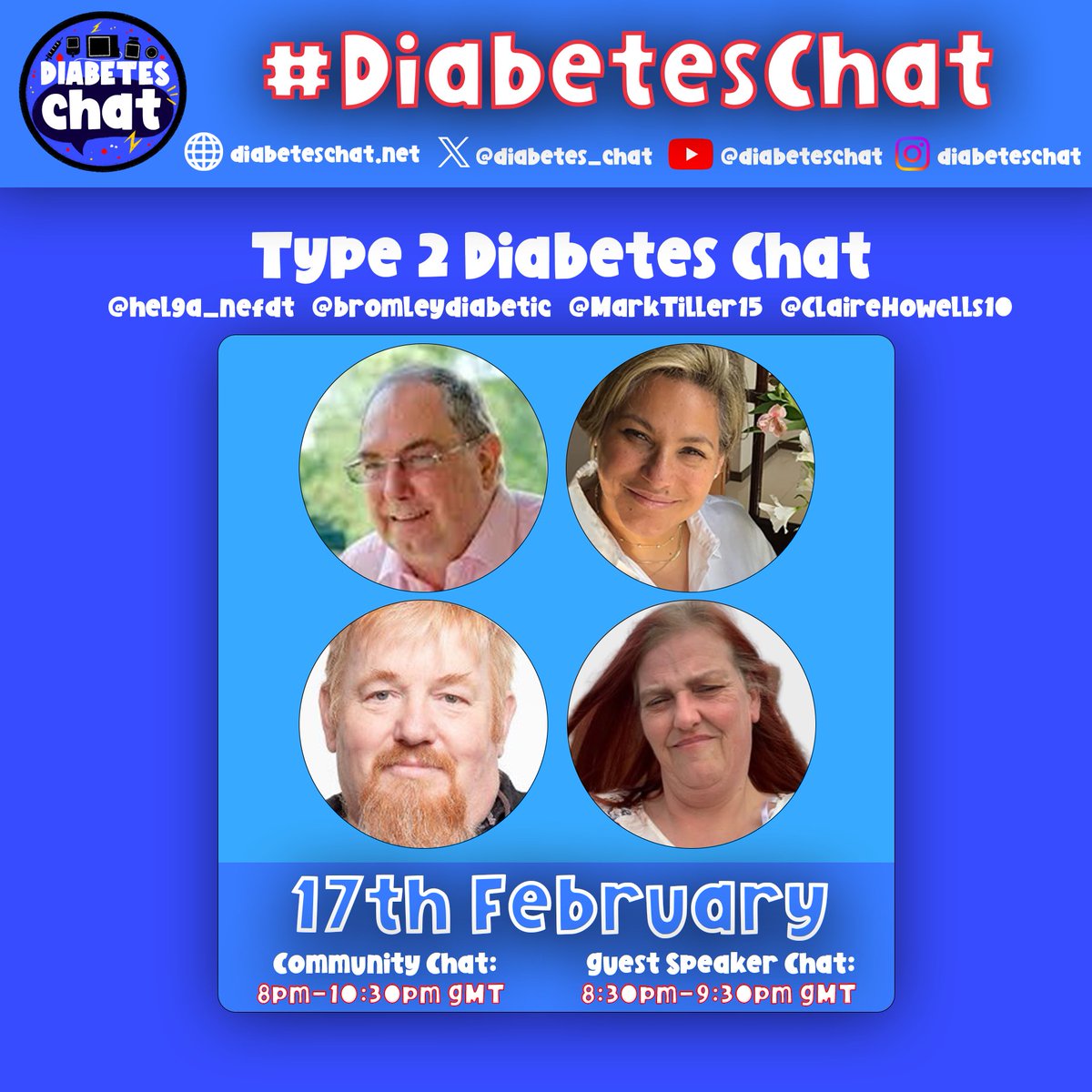Come join our next community #DiabetesChat as we welcome members of the #Type2Diabetes community.

🗓️ Monday 17th February
⏰ 8pm-10:30pm GMT
🗣️ <a href="/bromleydiabetic/">Ken Tait</a> <a href="/helga_nefdt/">Helga Nefdt</a> <a href="/MarkTiller15/">Mark Tiller</a> 
💬🎙️ Open Forum Chat to follow
🫂 Host: <a href="/ClaireHowells10/">Claire Howells RNLD</a> 

🎧 x.com/i/spaces/1PlJQ…