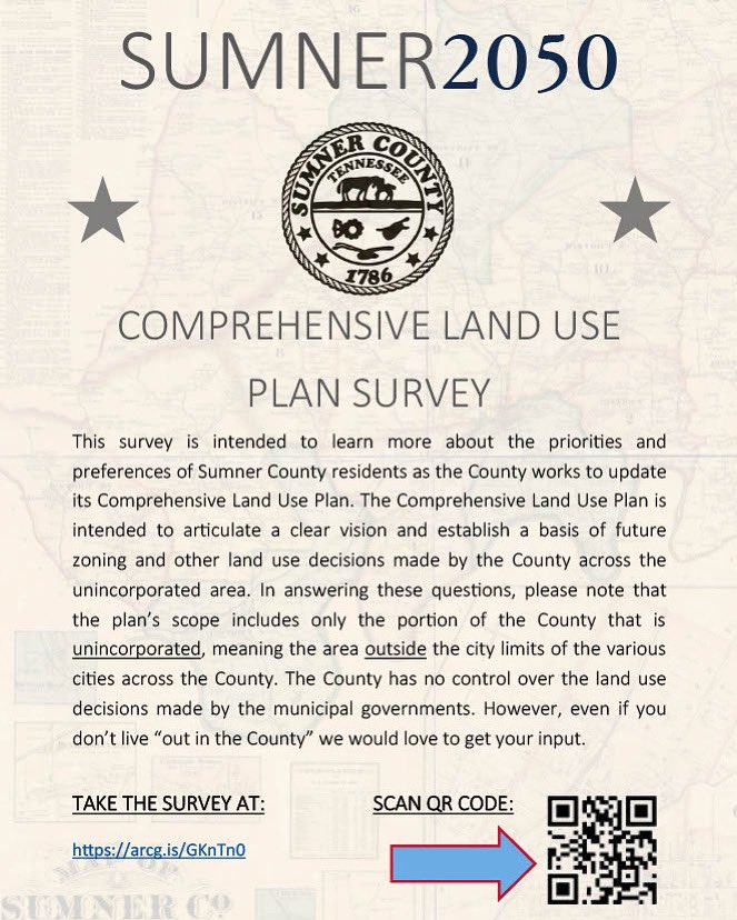 IMPORTANT SURVEY: Sumner County TN 2050 Land Use Plan

Sumner County Government is in the process of updating its Comprehensive Land Use Plan.

CLICK HERE FOR SURVEY - lnkd.in/eRZxNHm9