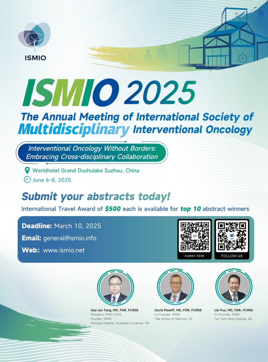 ISMIO (@ismio_official) on Twitter photo π Exciting News from ISMIO 2025! π
We are thrilled to announce the theme for ISMIO 2025:
π― "Interventional Oncology Without Borders: Embracing Cross-Disciplinary Collaboration"
This theme was decided by ISMIO founders Gao-Jun Teng, <a href="/dcmadoff/">David C. Madoff, MD</a>, and Uei Pua, reflecting their π Exciting News from ISMIO 2025! π
We are thrilled to announce the theme for ISMIO 2025:
π― "Interventional Oncology Without Borders: Embracing Cross-Disciplinary Collaboration"
This theme was decided by ISMIO founders Gao-Jun Teng, <a href="/dcmadoff/">David C. Madoff, MD</a>, and Uei Pua, reflecting their