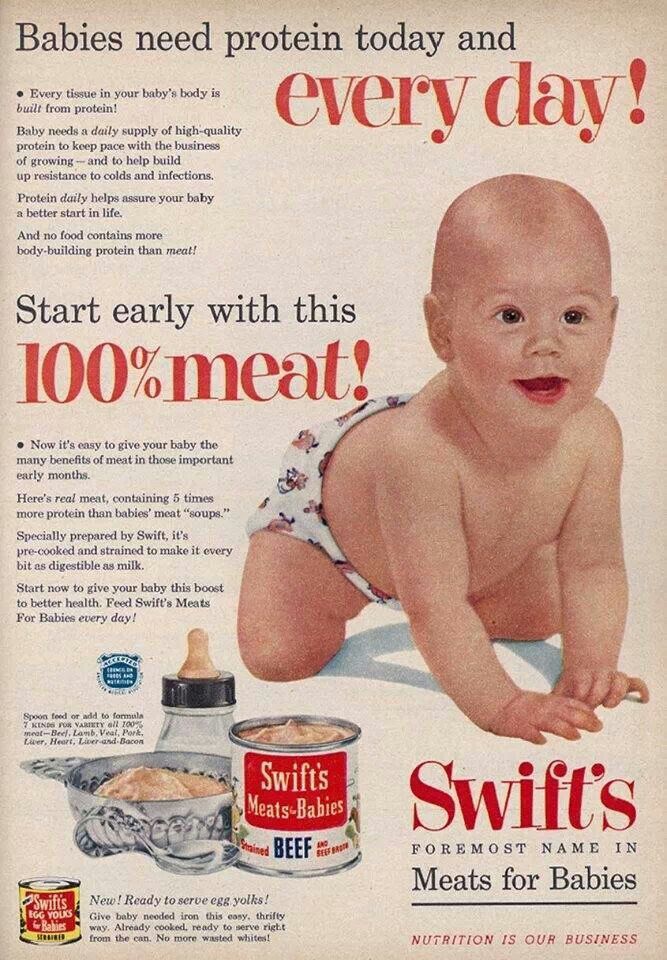 SBakerMD's tweet image. An old ad talking about the importance of protein for babies!!