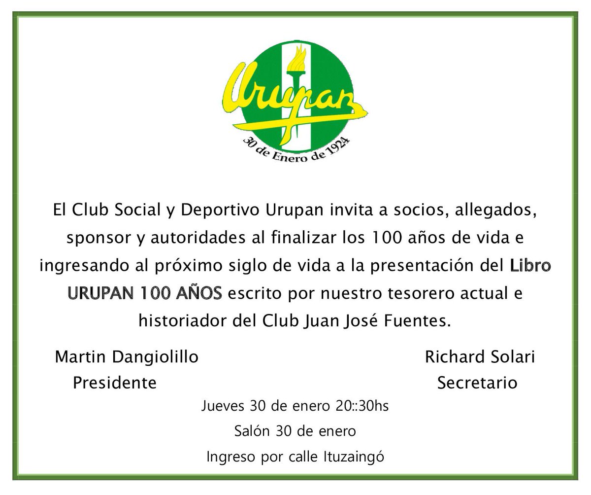 📚| Este 30 de Enero te invitamos a la presentación del LIBRO URUPAN 100 AÑOS

¡No podes faltar!