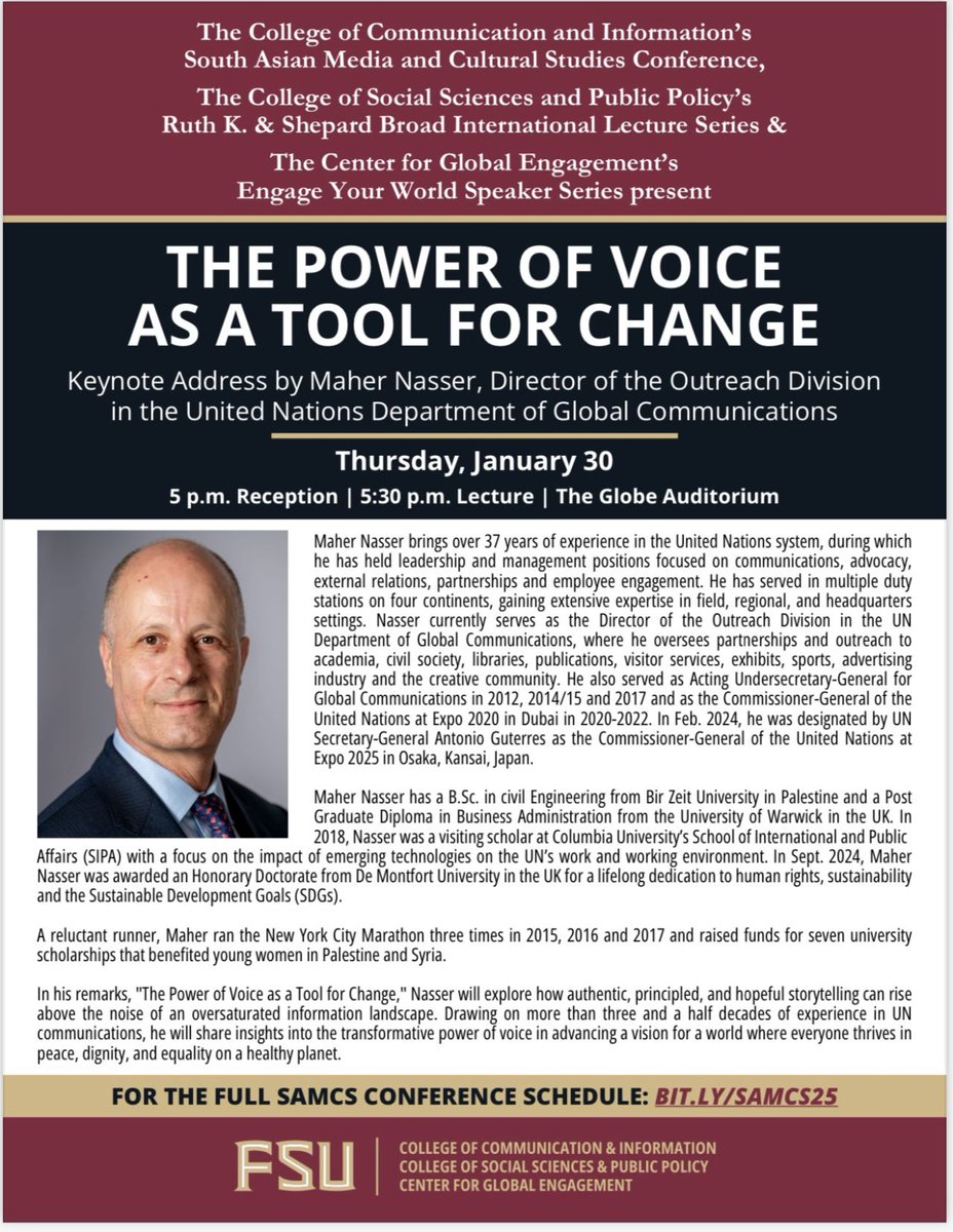We are excited to announce the opening #keynote address by Maher Nasser, Director of the Outreach Division, The United Nations Department of Global Communications at the 11th Annual SAMCS Conference.     

Visit our website: bit.ly/samcs25 

#samcs25 #CelebratingVoices