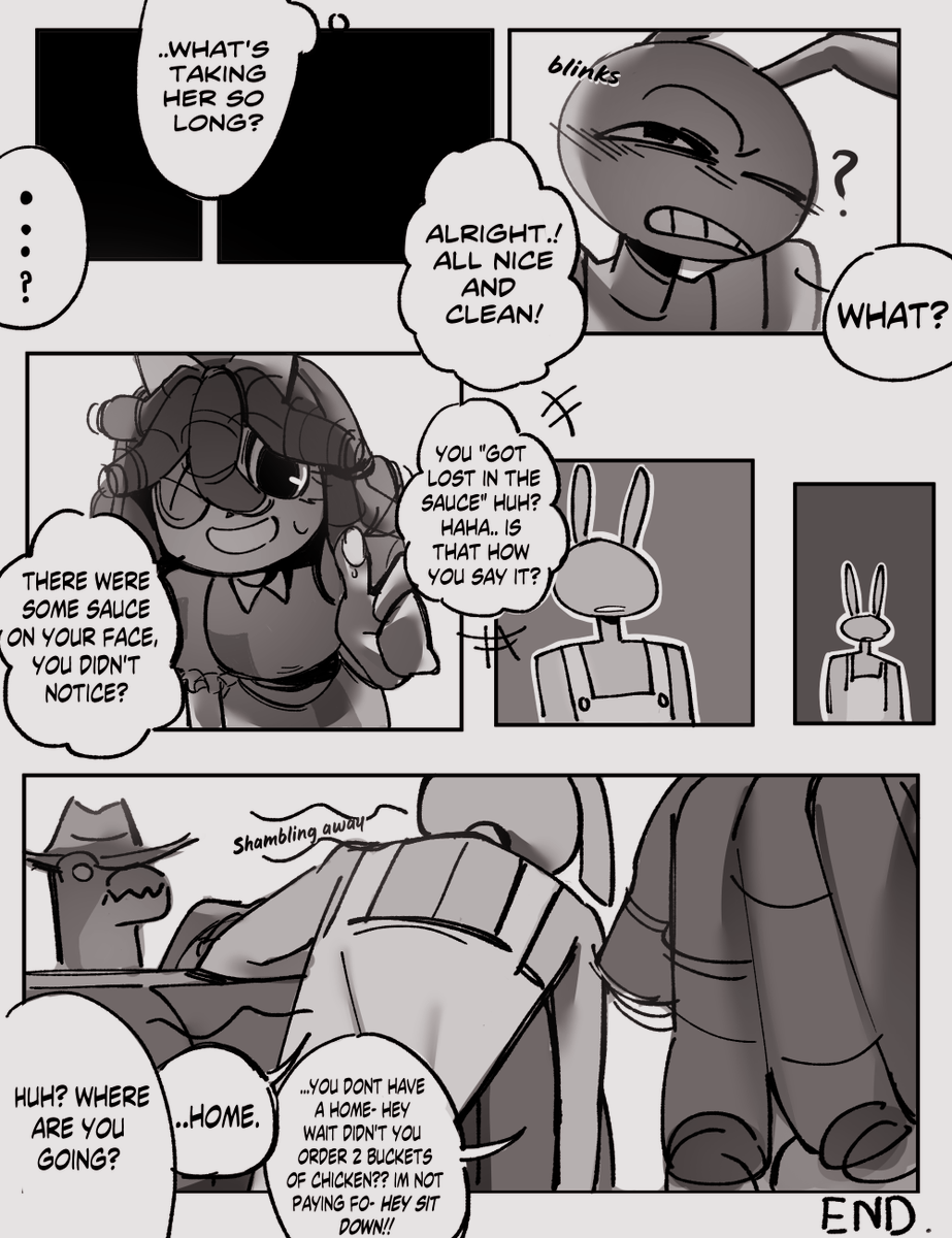 Jax and ragatha on a dinner date at popeyes (thanks for the suggestions winks) 
#TheAmazingDigitalCircus #bunnydoll