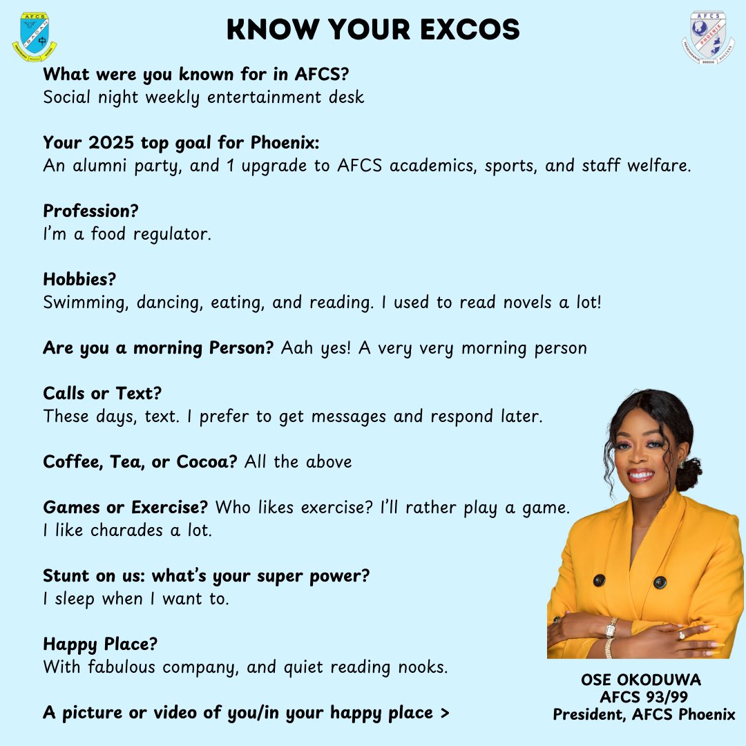 AFCSib's tweet photo. 📍We had a chat with Mademoiselle President.

Enjoy!

#AFCSIbadan #AFCSPhoenix #AFCSAlumni https://t.co/ajzpUd4h6B