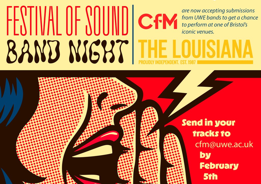 UWE Bristol Centre for Music (@uwecfm) on Twitter photo Play in a band?
Want to play at The Louisiana on 5th March?
Send your track to cfm@uwe.ac.uk by 5th Feb Play in a band?
Want to play at The Louisiana on 5th March?
Send your track to cfm@uwe.ac.uk by 5th Feb