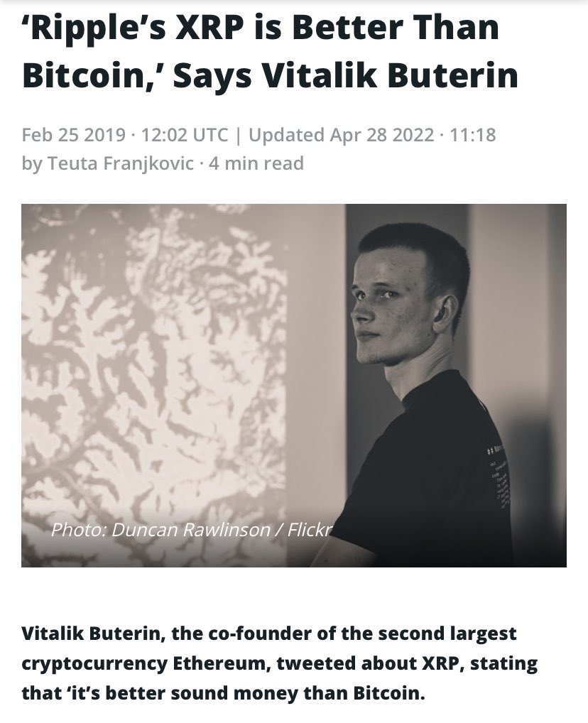 🚨Vitalik Buterin, Co- Founder of Ethereum says: “#XRP is better than  #Bitcoin.”