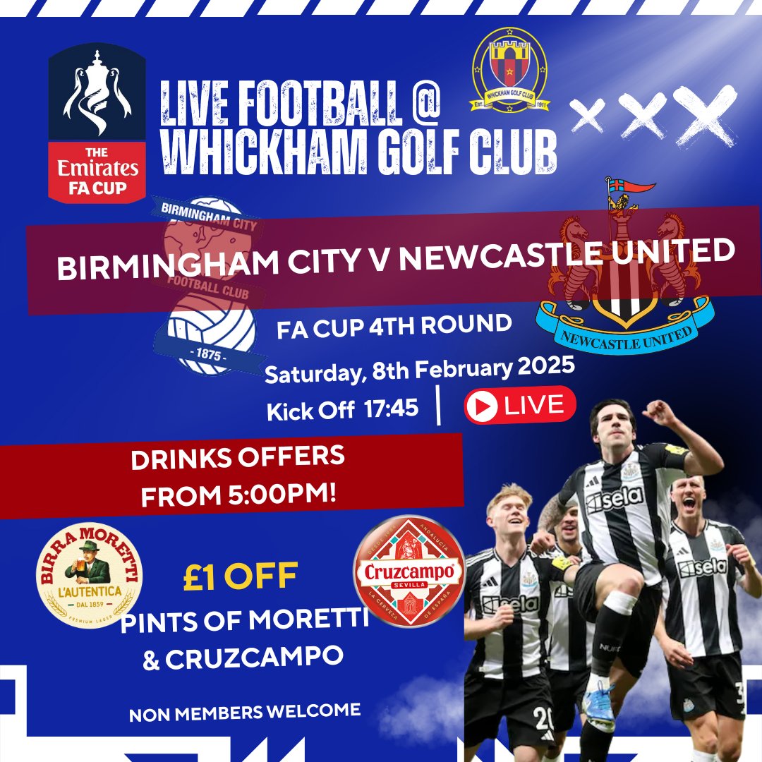 Join us for the FA Cup 4th Round match as Birmingham City take on Newcastle United, live on TV on Saturday the 8th of February 2025!
Special Drinks Offer:
Enjoy £1 off pints of Moretti and Cruzcampo during the game.
Open to members and non members.