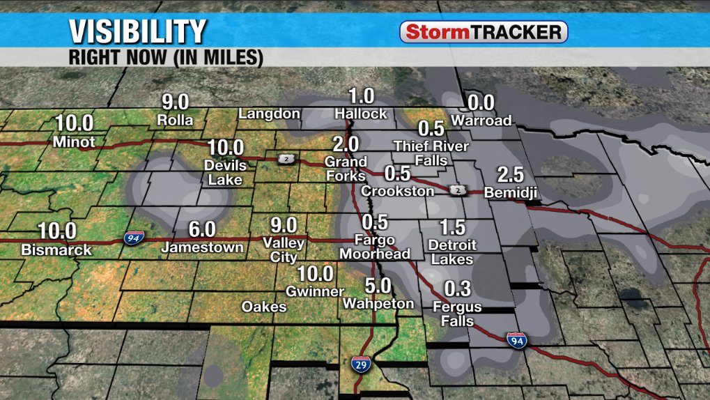 Pockets of light snow continue through the valley late this morning, with one of those pockets moving through Fargo just a little bit ago. Visibility around the valley continues to be low, as winds will be blowing the fresh fluff about through the afternoon for most. #ndwx #mnwx
