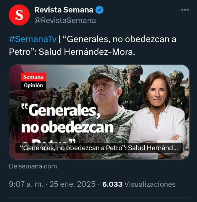 Es mi deber recordarle a la señora <a href="/saludhernandezm/">Salud Hernández-Mora</a> que está cometiendo el delito de instigación a delinquir (art. 348 C.P.) a cometer sedición.

Y que la nacionalidad colombiana por adopción se pierde por la comisión de estos delitos (art. 33 ley 2332 de 2023).