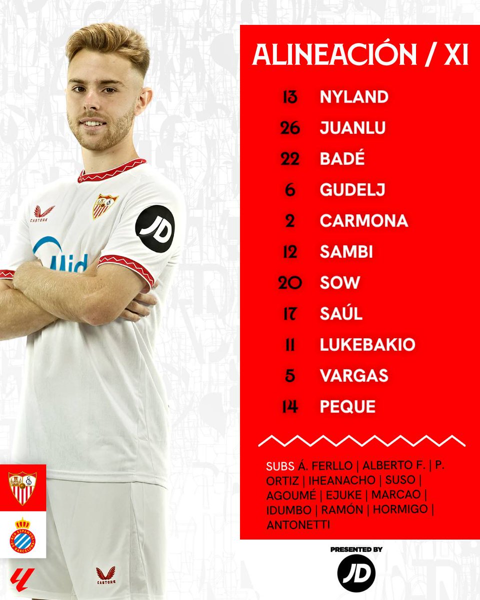 SevillaFC's tweet photo. 🚨 XI #SevillaFCEspanyol ⚪️🔴

Nyland - Juanlu, Badé, Gudelj, Carmona - Sambi, Sow, Saúl - Lukebakio, Vargas, Peque.

#WeareSevilla | #NuncaTeRindas https://t.co/eCY0ZF1Mcj