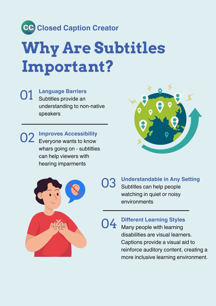 CCCreatorApp's tweet image. Subtitles break barriers and make content accessible!
1️⃣ Language support
2️⃣ Accessibility for all
3️⃣ Perfect in any environment
4️⃣ Help visual learners
Make your videos inclusive with Closed Caption Creator.

#InclusiveContent #SubtitlesMatter #AccessibilityForAl