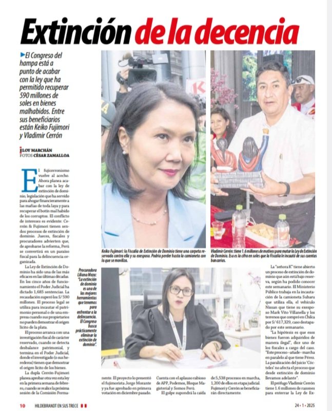 ensustrece's tweet photo. En #Hildebrandt @ensustrece: EXTINCIÓN DE LA DECENCIA por @eloymarchan. El Congreso del hampa está a punto de acabar con la ley que ha permitido recuperar 590 millones de soles en bienes malhabidos. Entre sus beneficiarios están Keiko Fujimori y Vladimir Cerrón. El reportaje en https://t.co/Yd2EU1qlZG