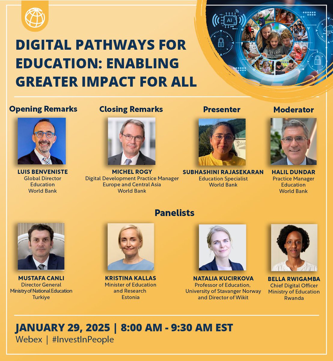 SAVE THE DATE and JOIN US!

Digital Pathways for Education: Enabling Greater Impact for All

📆 Wed. Jan. 29
⏰ 8:00-9:30 am EST
✍🏼 Register here: tinyurl.com/3p7ebt8w

#InvestInPeople