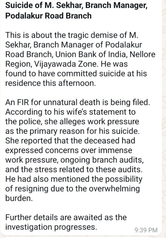 Bankers_Voice's tweet photo. Another Suicide by Branch Manager, Podalakur Road Branch

@DFS_India @RBI
@aiboc_in
@Bankers_We @khurpenchh @idesibanda https://t.co/3xlWV4yvsa