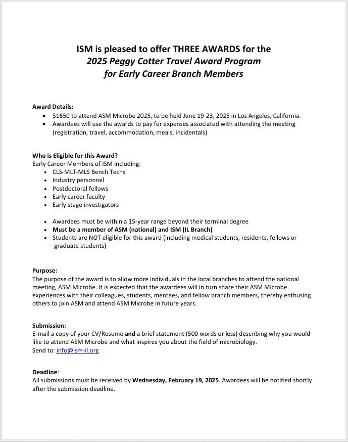 Want to go to ASM Microbe 2025? We are offering 3 travel awards for early career ISM members! Deadline to apply is February 19