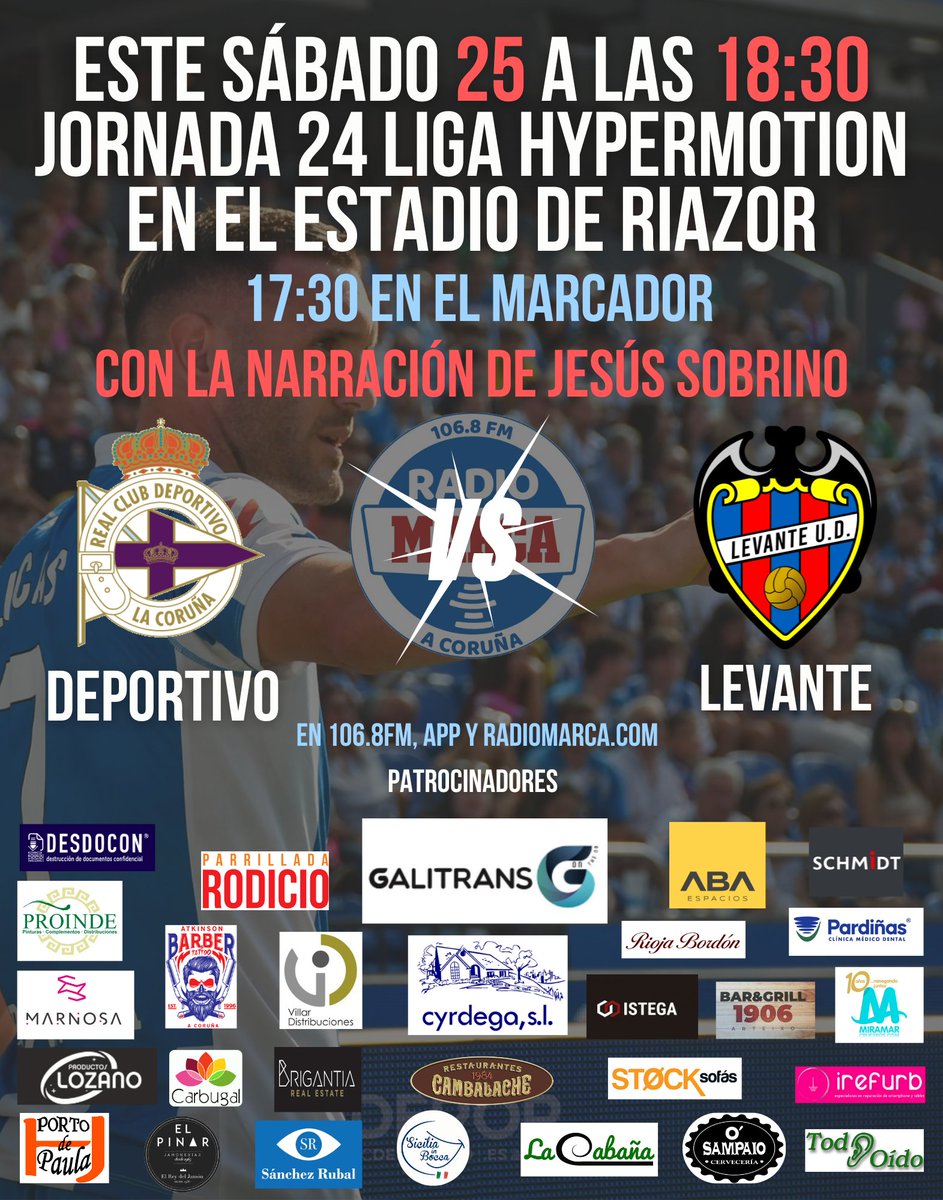 Comenzamos #MarcadorCoruña a las 17.30 con el <a href="/RCDeportivo/">RC Deportivo</a> <a href="/LevanteUD/">Levante UD</a> con <a href="/JesusSobrinoGos/">Jesús Sobrino</a> <a href="/pelicantona/">JAS</a> Adrián Menéndez <a href="/xiaodaleira/">Xulián Suárez</a> y Xoán Alberte. Primer partido sin <a href="/LP10oficial/">Lucas Pérez</a>. 

106.8 FM, app y web. 

Sorteamos dos pizzas con <a href="/CambalacheRest/">Cambalache</a>