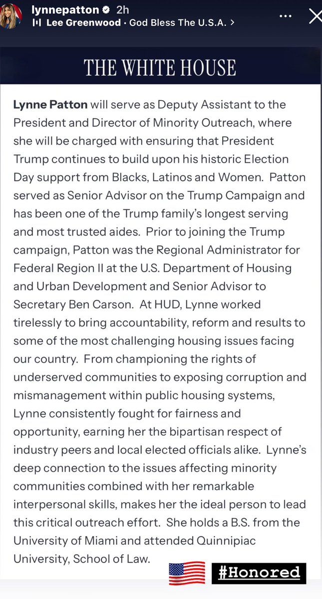 Congratulations <a href="/LynnePatton/">🇺🇸 Lynne Patton</a> well deserved and Thanks <a href="/POTUS/">President Donald J. Trump</a> <a href="/realDonaldTrump/">Donald J. Trump</a> for appointing a real bonafide about the people person who truly cares and did a great job in the past especially moving in public housing. We love ya Lynne here to help when needed!