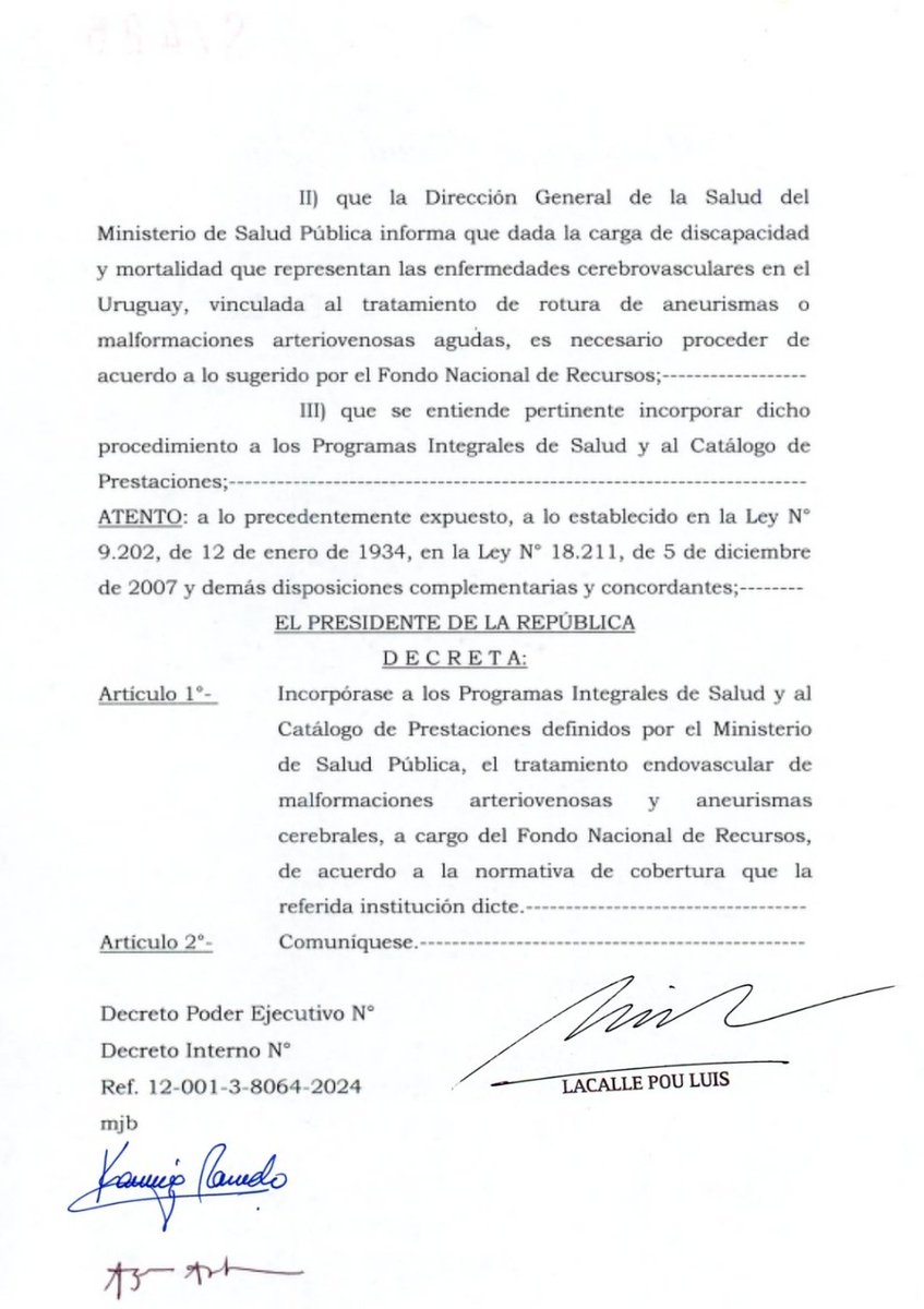 Finalmente se concretó.  Trabajo de años de especialistas neurólogos, neurocirujanos endovasculares, legisladores, autoridades.Cambió radicalmente el paradigma asistencial, la accesibilidad universal en tratamientos de  ACV isquémico y hemorrágico endovascular. Gracias a todos.