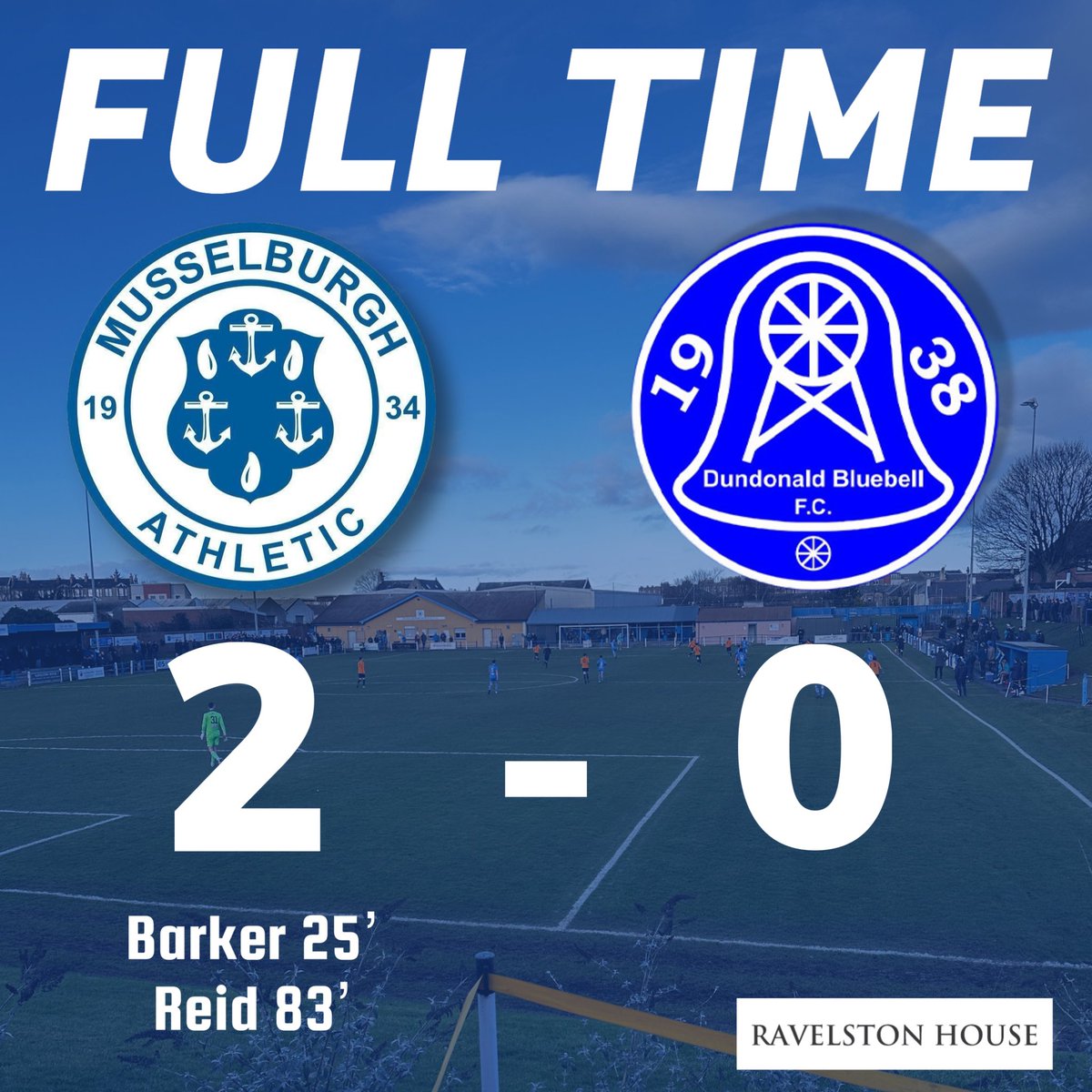 MusselburghAth's tweet photo. FULL TIME

Musselburgh Athletic 2 - 0 Dundonald Bluebell

Back to winning ways in our first league match of 2025. 

#MonTheBurgh 💙 https://t.co/DnAiUVqfGP