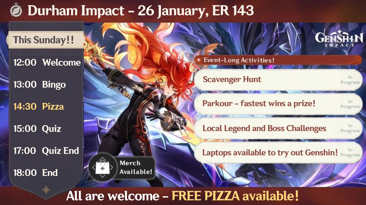 DURHAM IMPACT TOMORROW🔥🔥
COME FOR FREE PIZZA AND FUN CHALLENGES🎮🎮

<a href="/GenshinCampusEU/">GenshinCampus</a> 
#GenshinCampusTour