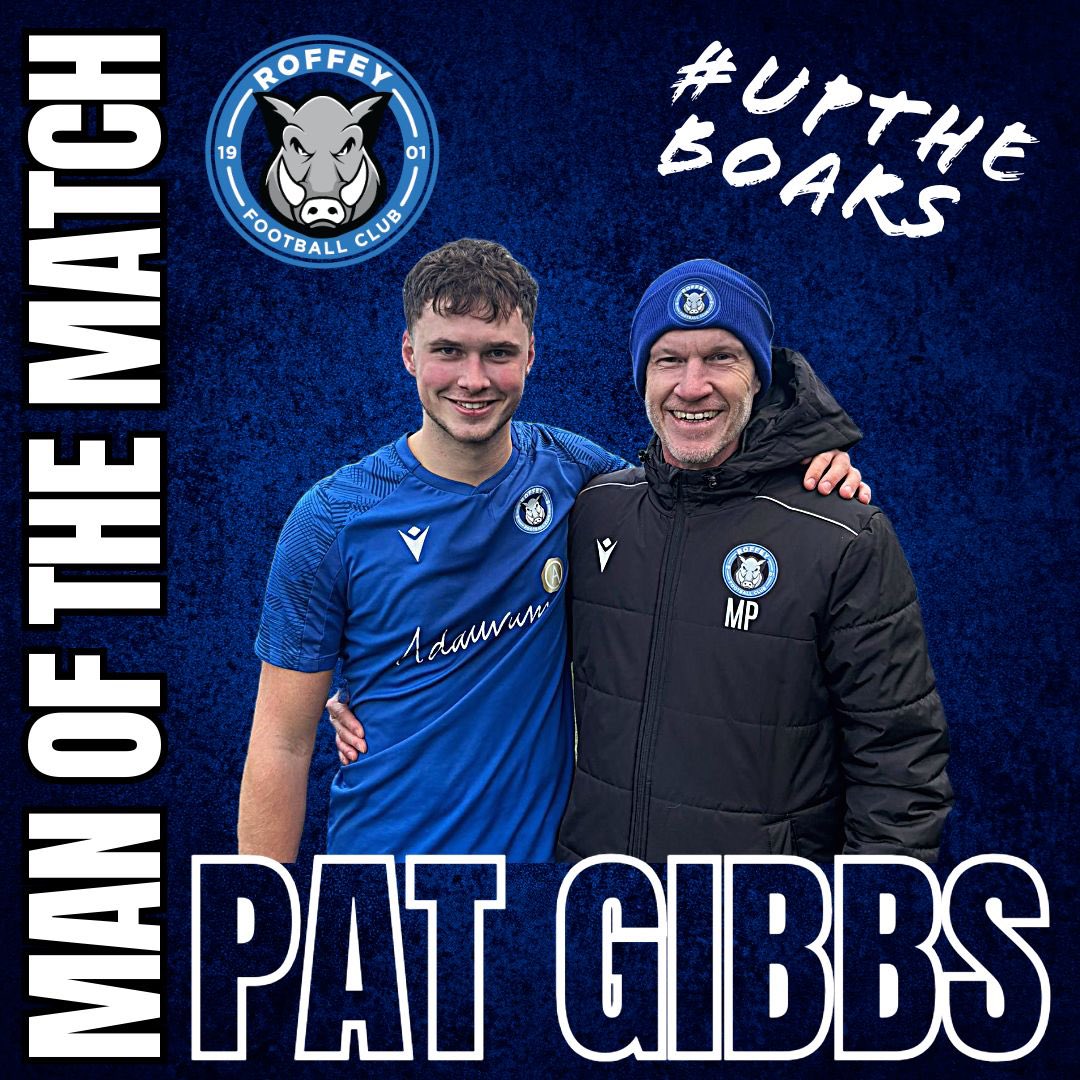 RoffeyFC's tweet photo. Today’s Man of the Match!! So close between him and Jake Legrange who was superb against his ex club but it’s Pat Gibbs the rock at the back who scored and also blocked one off the line last minute. 

Well done Pat 👏🏻 https://t.co/SKuU3eFzhJ