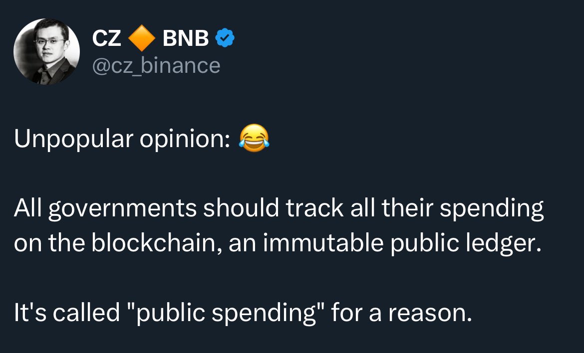 blockedin_news's tweet photo. CZ (Binance co-founder) believes that governments should adopt Blockchain Technology in their efforts to become more transparent. 

What are your thoughts? Would you like to see how your government is using your tax money. Comment below ⬇️ https://t.co/dE0zpQaeyw