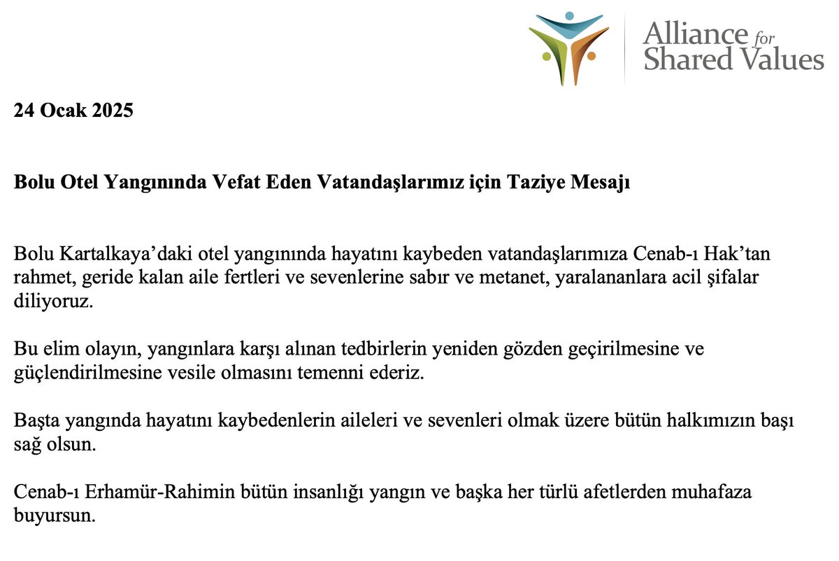 Bolu Kartalkaya’daki otel yangınında hayatını kaybeden vatandaşlarımıza Cenab-ı Hak’tan rahmet, geride kalan aile fertleri ve sevenlerine sabır ve metanet, yaralananlara acil şifalar diliyoruz.
Bu elim olayın, yangınlara karşı alınan tedbirlerin yeniden gözden geçirilmesine ve