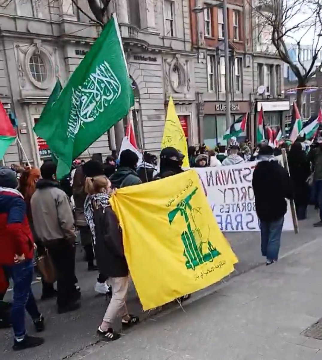 JoeSmyth10's tweet image. Disgusting that Hamas &amp;amp; Hezbollah, two proscribed terrorist organisations one of whom has recently murdered an Irish soldier, are having their flags paraded through our capital today. Shame.
