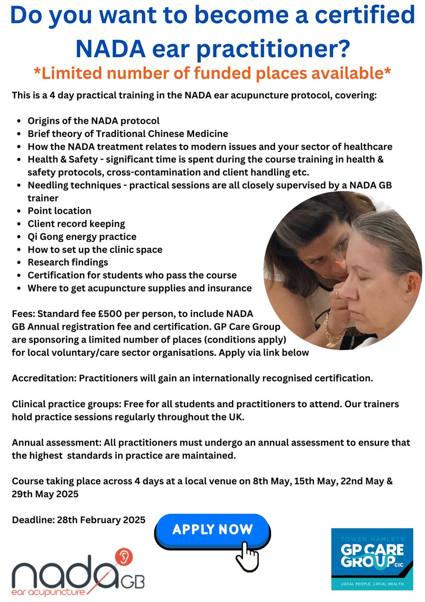 Tower Hamlets CEPN aka 'Training Hub' (@thcepn) on Twitter photo Funded places available for voluntary and care sector staff to apply for sponsorship via <a href="/THGPCareGroup/">Tower Hamlets GP Care Group</a>
Apply here: forms.gle/rL3KLCah5BGU3A…
Deadline: 28th February 2025
#EarAcupuncture Funded places available for voluntary and care sector staff to apply for sponsorship via <a href="/THGPCareGroup/">Tower Hamlets GP Care Group</a>
Apply here: forms.gle/rL3KLCah5BGU3A…
Deadline: 28th February 2025
#EarAcupuncture
