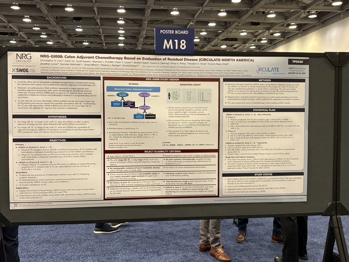 NRG Oncology (@nrgonc) on Twitter photo The NRG-GI008 CIRCULATE-NORTH AMERICA trials in progress poster at #GI25. This study is evaluating what kind of chemotherapy to recommend to patients based on the presence or absence of ctDNA. The NRG-GI008 CIRCULATE-NORTH AMERICA trials in progress poster at #GI25. This study is evaluating what kind of chemotherapy to recommend to patients based on the presence or absence of ctDNA.