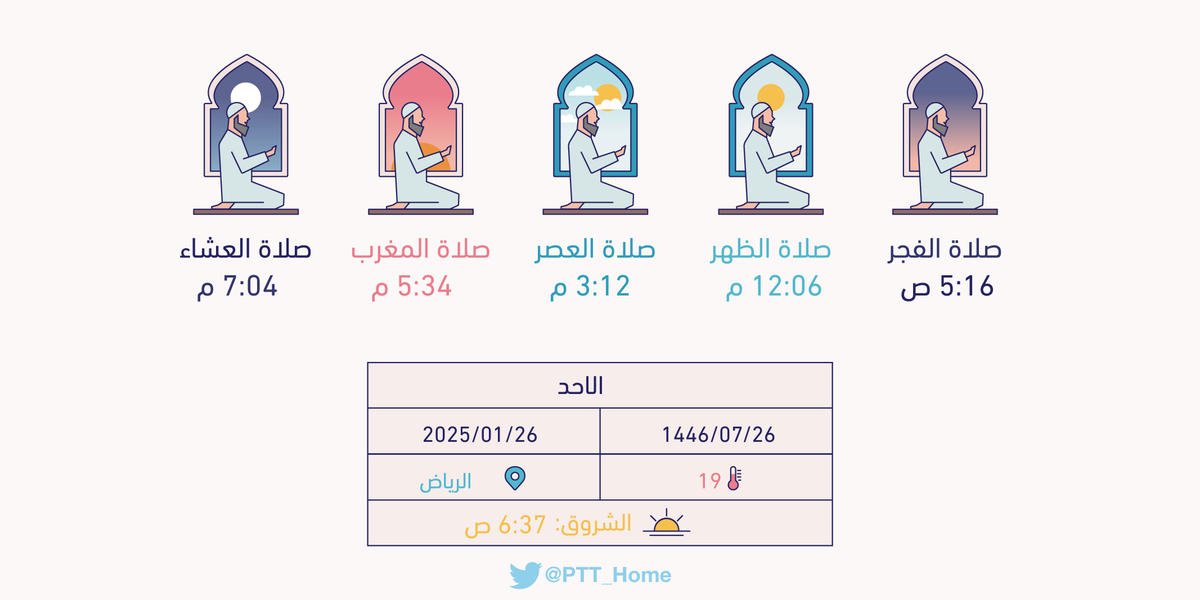 PTT_Riyadh's tweet photo. مواقيت الصلاة ليوم غد الاحد بمدينة #الرياض : الفجر(5:16 ص) الظهر(12:06 م) العصر(3:12 م) المغرب(5:34 م) العشاء(7:04 م) https://t.co/dr8SIKW8xc