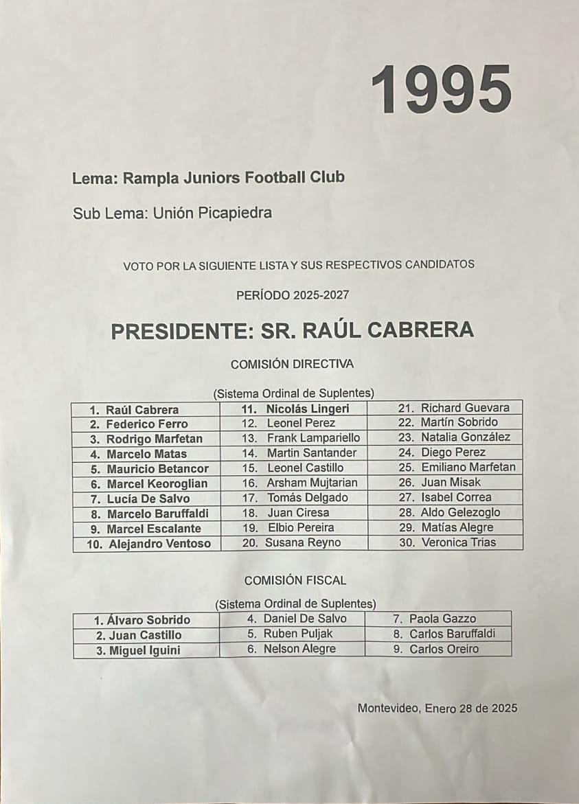 Rampla Juniors Fútbol Club.
AVISO:
El día martes 28 se llevarán a cabo las elecciones de nuestro club.
El horario de votación será de 10 a 20 hrs.
Se realizarán en nuestra sede, Grecia 3514 esq. Barcelona.
👇