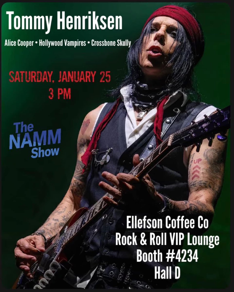 ViciousXBone's tweet photo. Heading to @NAMMShow today? #TommyHenriksen will be at @ellefsoncoffee Rock &amp; Roll VIP Lounge, Booth 4234 Hall D 📍 today Saturday, January 25th at 3pm 🤘🏼🎸

#TheNAMMShow #Nammshow2025 #NAMMShow #CrossboneSkully #HollywoodVampires #AliceCooperBand https://t.co/z2b1nqPq5J