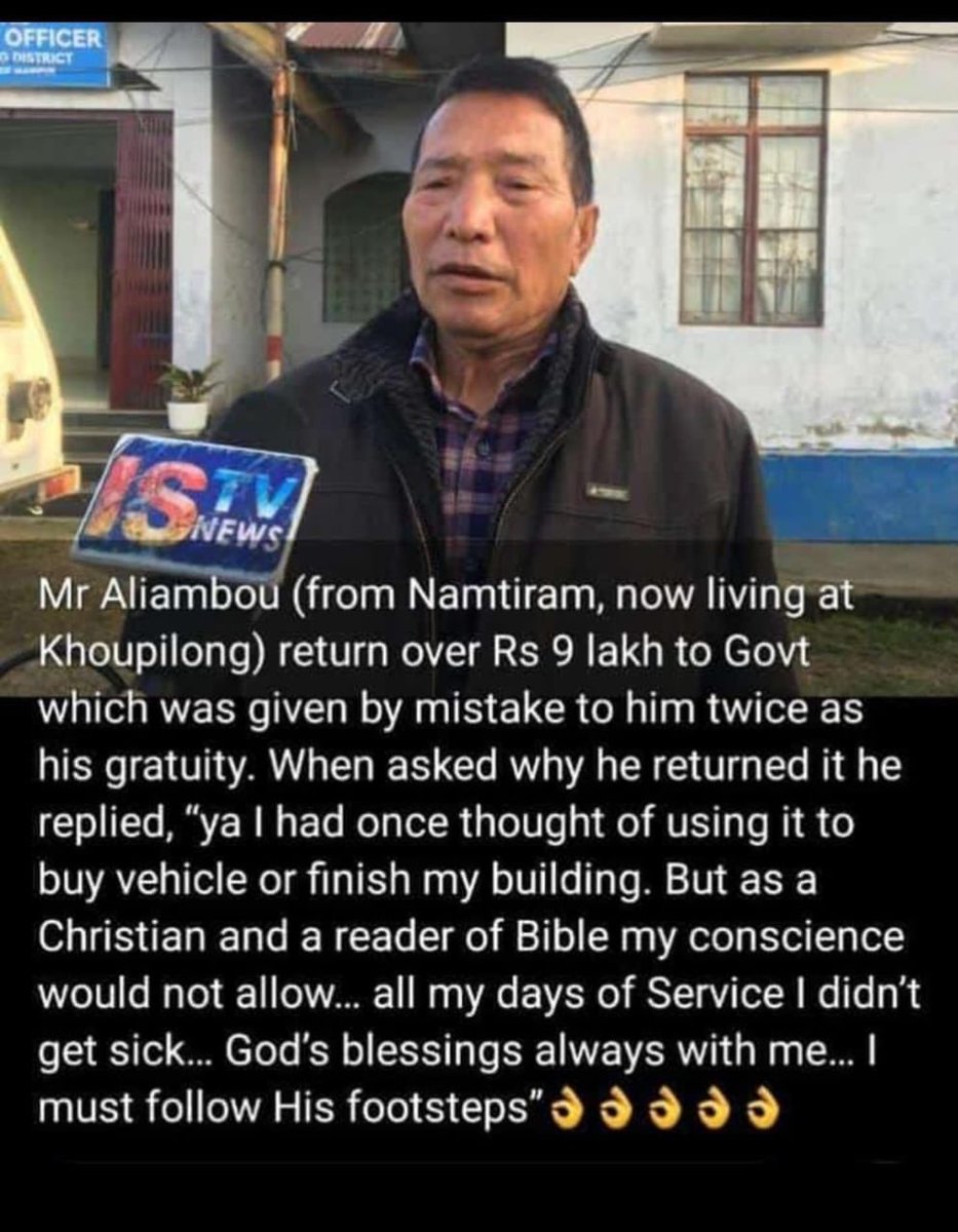 📣📣📣Hello  !!!!!!! #Kuki pseudo  #Christians 

Mr. Aliambou, a man of integrity and faith, returned ₹9 lakh to the government after it was mistakenly credited to him twice. 

Guided by his Christian beliefs and conscience, he chose honesty over personal gain, saying he must