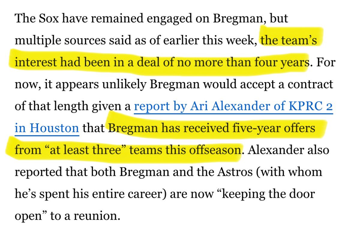 Bastards_Boston's tweet photo. ALEX BREGMAN

Lots to unpack:

1.  It’s not a conspiracy theory anymore.  The Red Sox are being INTENTIONALLY uncompetitive.

2.  One of the biggest market teams in MLB should NOT be crippled by going a 5th year on a premier free agent.

3.   If Bregman is worth 4/$100M then why isn’t Alonso worth 3/$90M or Arenado at 3/$45M?

4.  Sam Kennedy is lying piece of shit.  And the Red Sox will never win in a World Series with him influencing baseball operational decisions.

Credit:  @alexspeier 👇