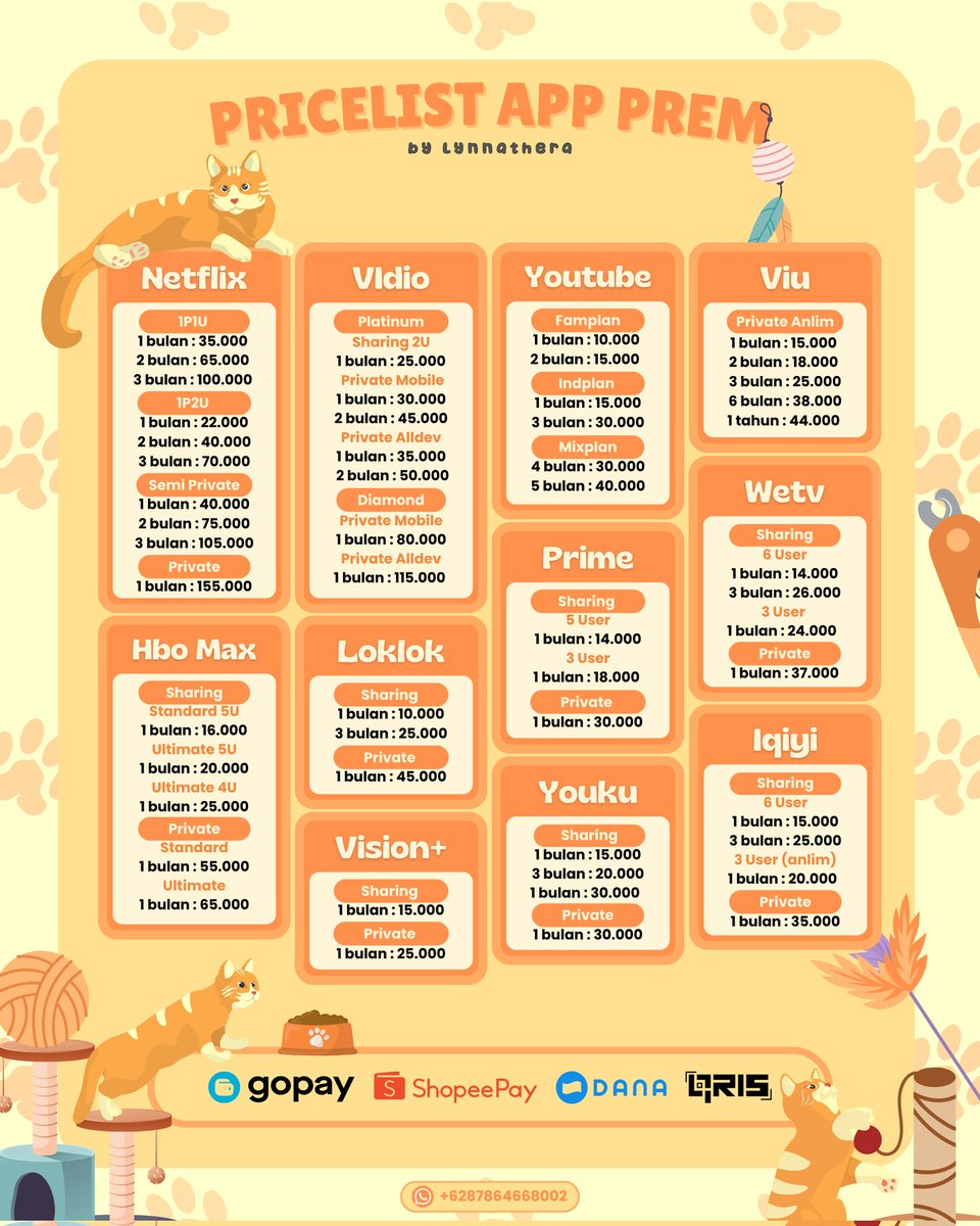 Lynnathera's tweet image. meoww😸🐾 akuu readyy

netflix canva viu spotify prime video youtube capcut apple music disney picsart dan lainnya ada di katalog

✔️ 100% trusted
📍 with 1000++ testimonials and still counting on pinned @Lynnathera
🛒order : wa.me/6287864668002