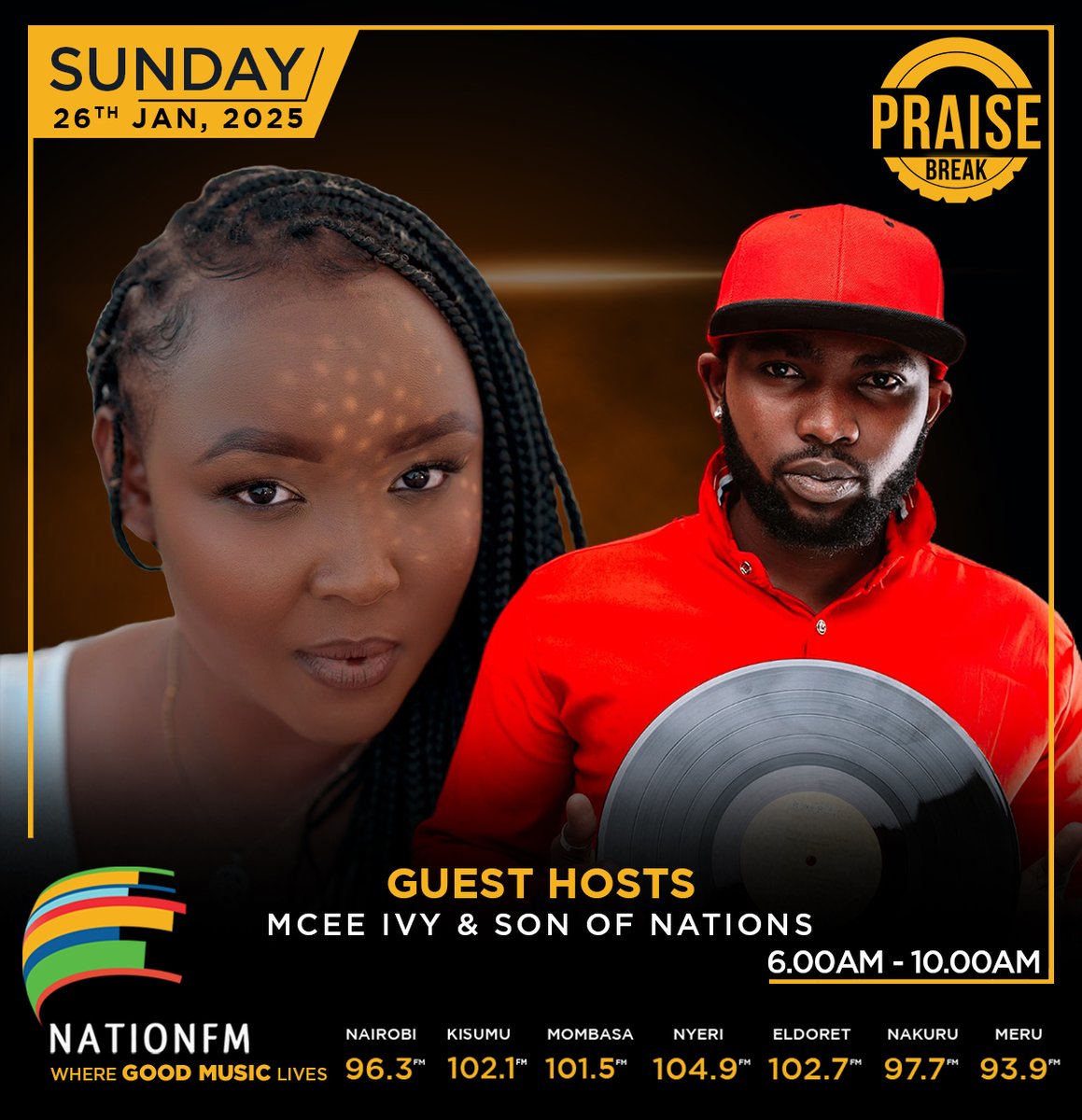 Start your Sunday morning on a high note with #PraiseBreak! 🎶✨ 

Prepare for soul-stirring tunes, heartwarming stories, and powerful, faith-filled conversations that uplift your spirit and ignite your week. 🙌 Don't just wake up—rise up!

Where are you tuned in from?

Call in: