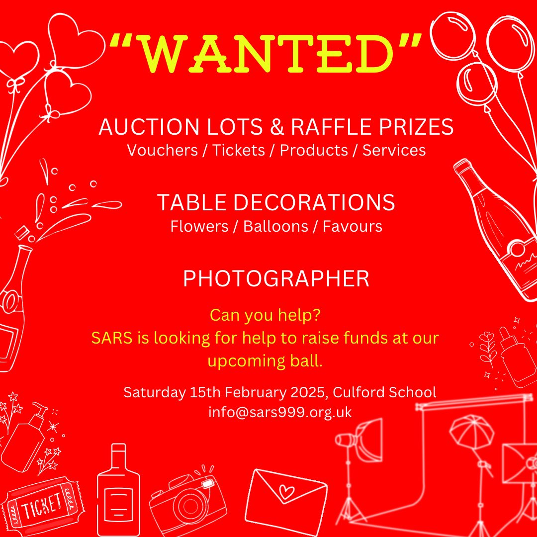 SARS - Suffolk’s Emergency Medical Charity (@sarshq) on Twitter photo Could you help us raise funds at our Charity Ball?
We are looking for raffle and auction prizes, table decs, & favours.
If you are able to offer products, services, vouchers or experiences we would love to hear from you.
Info@sars999.org.uk
#ThankYou Could you help us raise funds at our Charity Ball?
We are looking for raffle and auction prizes, table decs, & favours.
If you are able to offer products, services, vouchers or experiences we would love to hear from you.
Info@sars999.org.uk
#ThankYou