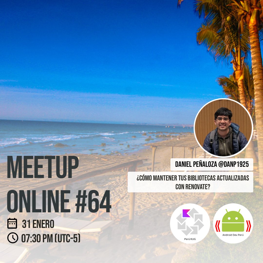 Android Dev Perú (@androiddevperu) on Twitter photo Hola 🧑🏻💻👋🏾
Arrancamos el 2025🎇 con el primer #meetup online🔴📽️ del año🧐
¿Cómo mantener tus bibliotecas actualizadas con Renovate? by <a href="/danp1925/">Daniel Peñaloza</a>
Acompáñanos el 31 de Enero 7:30pm por #youtube 👉🏾 youtube.com/watch?v=AaSswr…
No olvides suscribirte😉
¡Nos vemos! 🧑🏻💻🚀
#android #kotlin Hola 🧑🏻💻👋🏾
Arrancamos el 2025🎇 con el primer #meetup online🔴📽️ del año🧐
¿Cómo mantener tus bibliotecas actualizadas con Renovate? by <a href="/danp1925/">Daniel Peñaloza</a>
Acompáñanos el 31 de Enero 7:30pm por #youtube 👉🏾 youtube.com/watch?v=AaSswr…
No olvides suscribirte😉
¡Nos vemos! 🧑🏻💻🚀
#android #kotlin