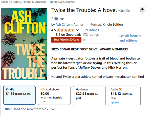 ACliftonWriter's tweet photo. Just a heads-up… The Kindle edition of my Edgar-nominated novel, Twice the Trouble, is currently on sale on Amazon. Just $2! It won’t last, though. Get it while you can. 
@crookedlanebks @BirchLiterary #WritingCommunity https://t.co/wOKtSe7E7m
