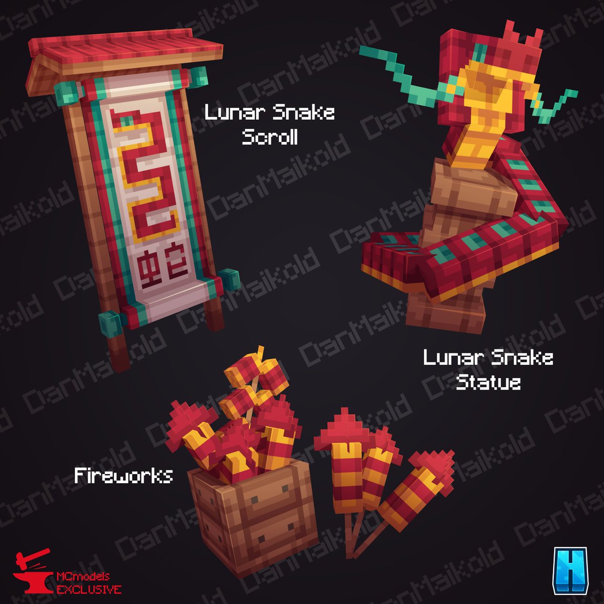 Lunar New Year furniture...
It's the year of the snake ^^/

#cmlcreators #minecraft #Minecraftmodel #Blockbench #Pixelart #minecraftart #MinecraftMania #pixelart