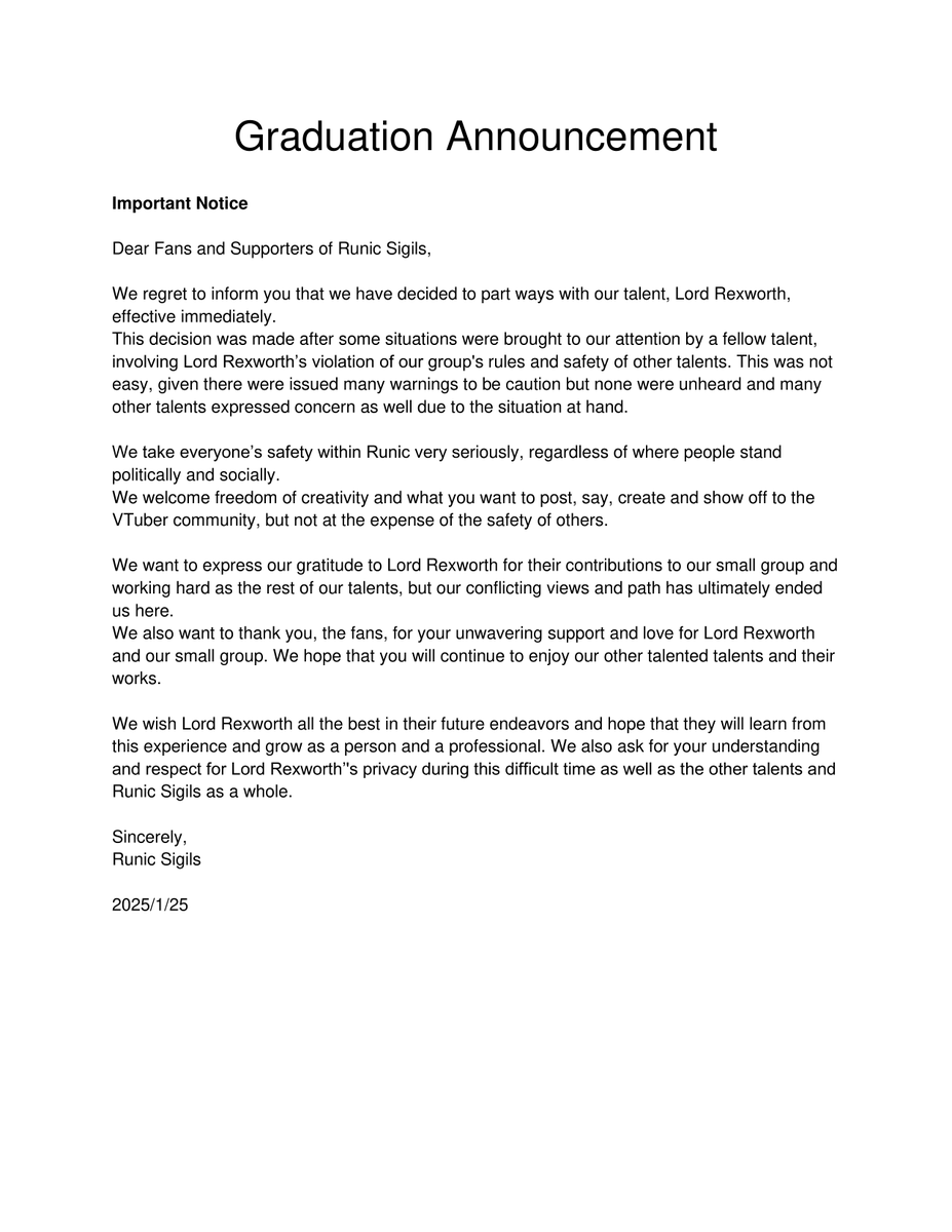 project_runic's tweet photo. [Official Statement]  

Please read this notice regarding the graduation of Lord Rexworth. Thank you. https://t.co/QYlPYaxWzS