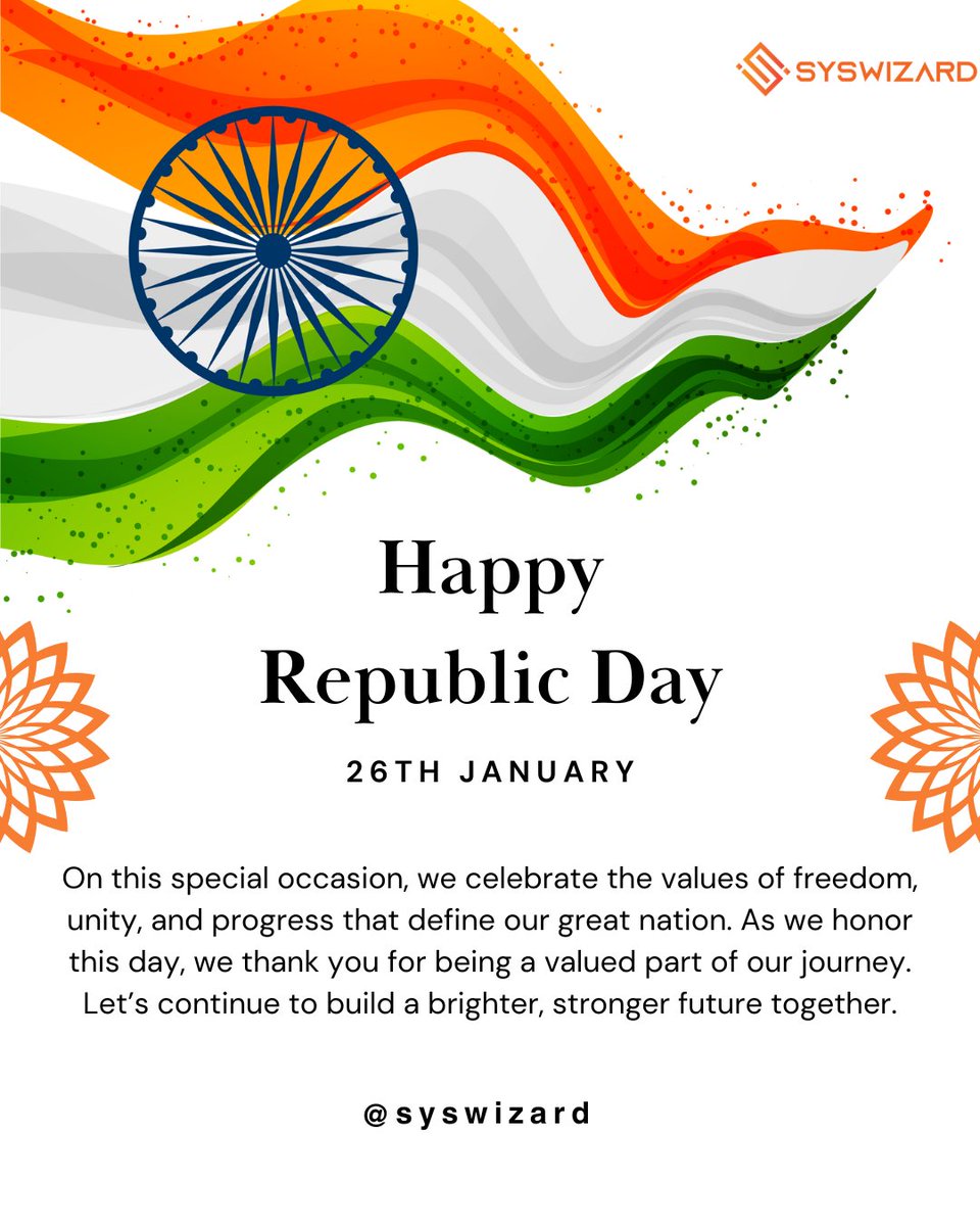 Syswizard_in's tweet image. On this proud occasion, we celebrate the spirit of innovation, progress, and resilience that drives our nation forward. In the IT industry, we are honored to contribute to India’s journey toward technological excellence and digital transformation.
#RepublicDay2025 #syswizard