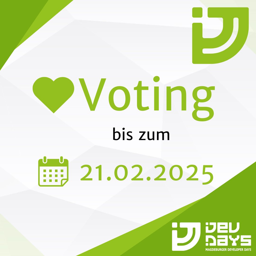 Magdeburger Developer Days (@devdaysmd) on Twitter photo Ihr habt bis zum 21.02.2025 Zeit Beiträge, die ihr gern auf den Wiener-DevDays sehen wollt, mit einem Herz zu markieren. Das liefert uns die Entscheidungsgrundlage für den finalen Session-Plan.💚
Voten könnt ihr hier: md-devdays.de/act-overview
#mddevdays #mddevdays25 Ihr habt bis zum 21.02.2025 Zeit Beiträge, die ihr gern auf den Wiener-DevDays sehen wollt, mit einem Herz zu markieren. Das liefert uns die Entscheidungsgrundlage für den finalen Session-Plan.💚
Voten könnt ihr hier: md-devdays.de/act-overview
#mddevdays #mddevdays25