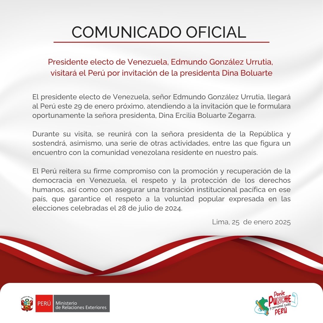 CancilleriaPeru's tweet photo. 📄 Comunicado Oficial N° 003-25: Presidente electo de Venezuela, Edmundo González Urrutia, visitará el Perú por invitación de la presidenta Dina Boluarte.

👉 https://t.co/0Gr3hlBcVJ https://t.co/DWQs1NEQU2